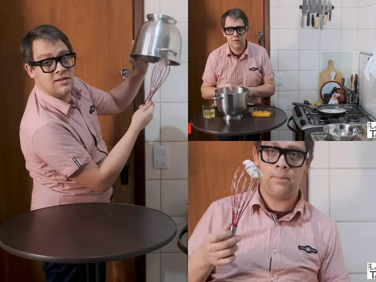 Un homme en chemise rose montre un fouet couvert de blanc en neige, r&eacute;sultat de sa pr&eacute;paration culinaire.