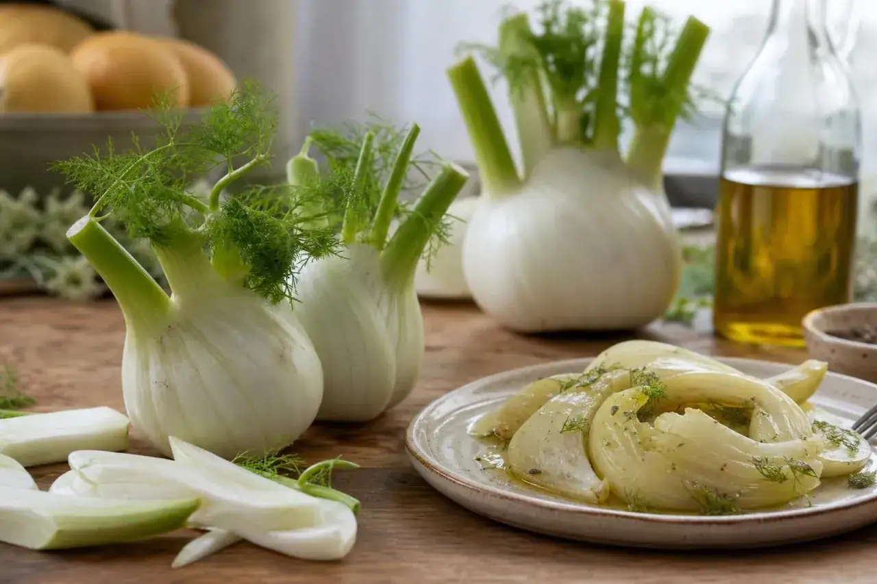Finocchi crudi freschi e affettati, conditi con olio e erbe aromatiche, pronti per gustare le loro propriet&agrave;.
