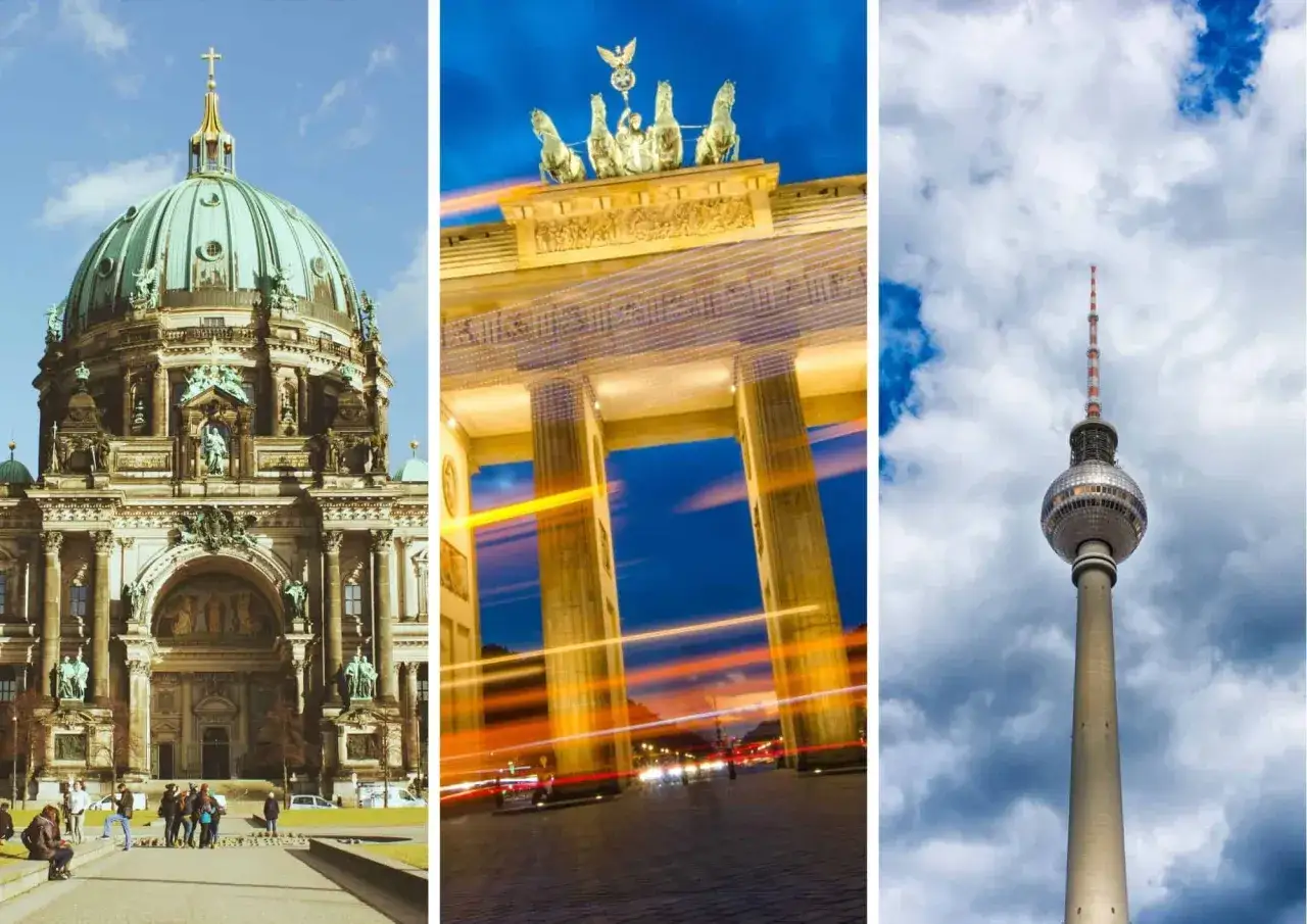 Berlin ciekawostki: majestatyczna katedra, Brama Brandenburska nocą i widok na wieżę telewizyjną.