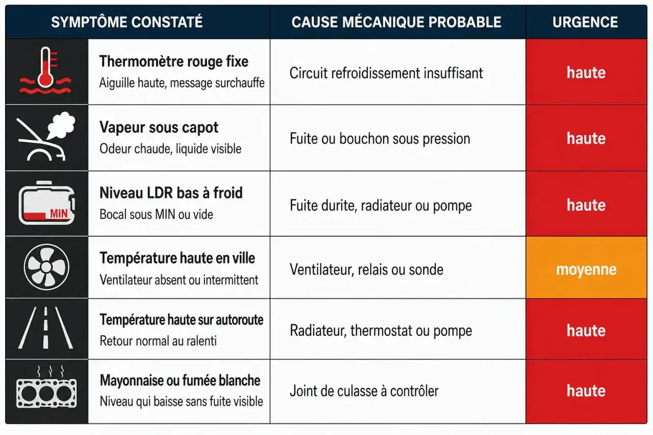 Tableau des sympt&ocirc;mes de surchauffe moteur : thermom&egrave;tre rouge, vapeur, niveau bas, ventilateur, mayonnaise/fum&eacute;e blanche. Causes et urgence indiqu&eacute;es.