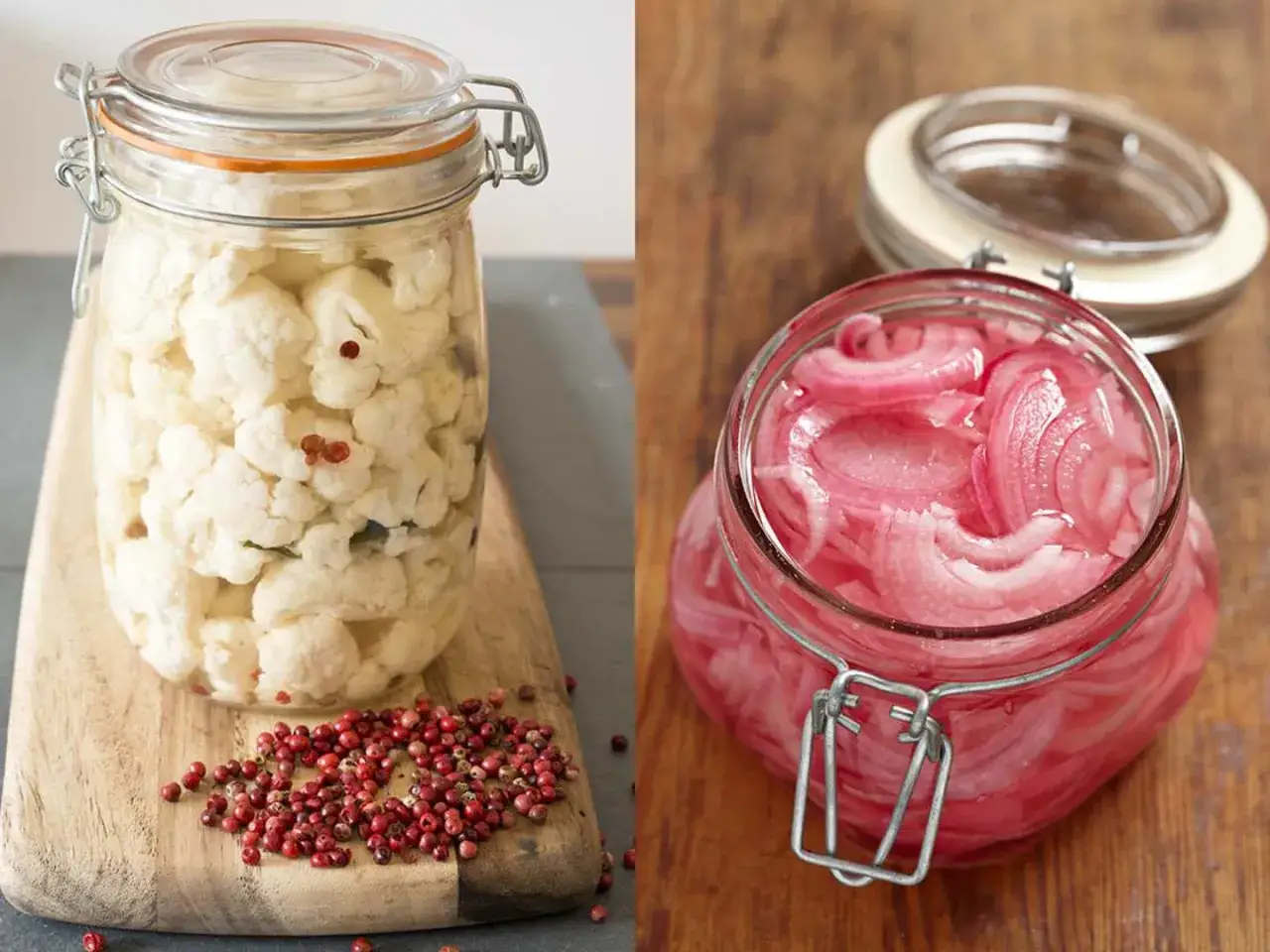 Två glasburkar med inlagda grönsaker. Till vänster, picklad blomkål med rosa pepparkorn. Till höger, inlagd rödlök.