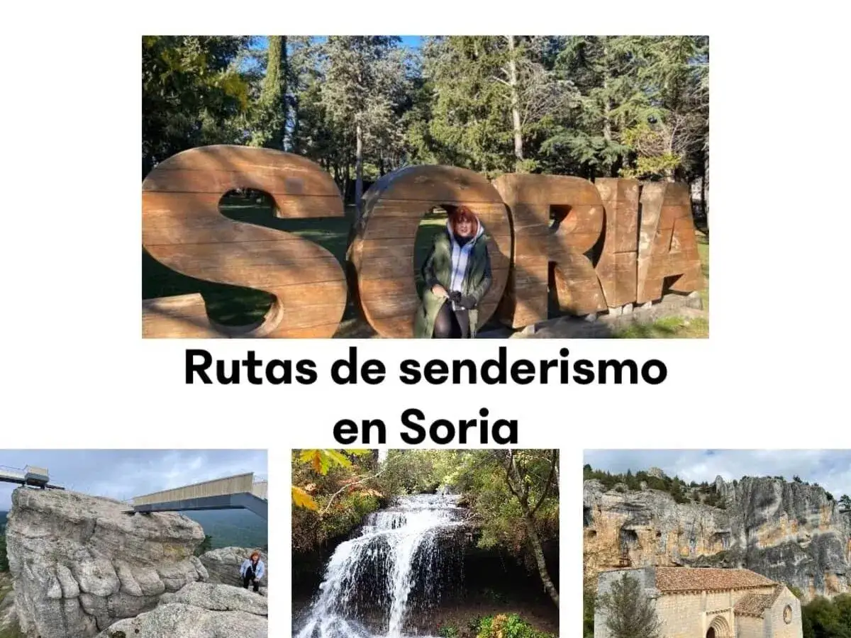 Cartel promocional de senderismo Soria con im&aacute;genes de paisajes naturales y un mirador.