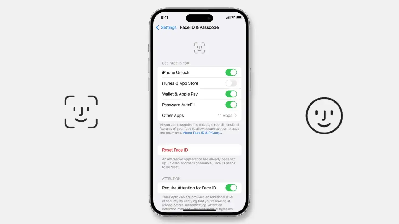 Ustawienia Face ID na iPhonie. Możesz włączyć Face ID do odblokowywania telefonu, płatności i autouzupełniania haseł.