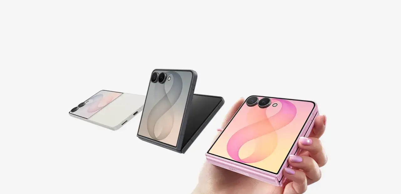 Odkryj jaki jest najnowszy Samsung: trzy składane telefony w kolorach białym, czarnym i różowym, prezentujące nowoczesny design i innowacyjne technologie.