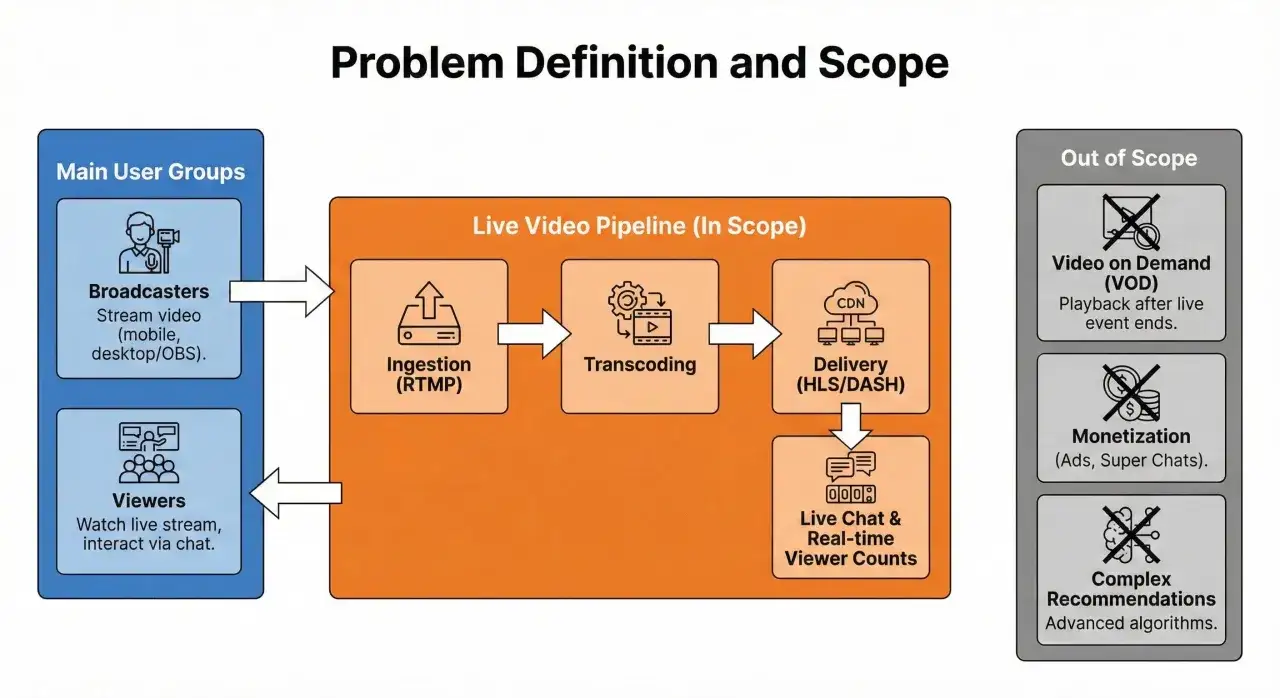 Diagram shows live video pipeline stages: ingestion, transcoding, delivery. It outlines user groups (broadcasters, viewers) and out-of-scope features like VOD, monetization, and complex recommendations for streaming types.