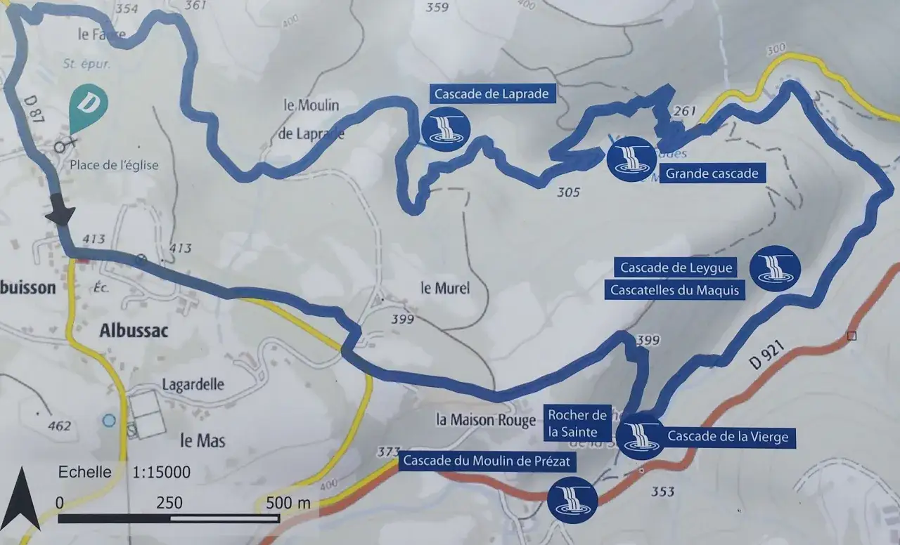 Carte d'un itin&eacute;raire de randonn&eacute;e, montrant le parcours bleu menant &agrave; plusieurs cascades, dont la cascade de Murel.