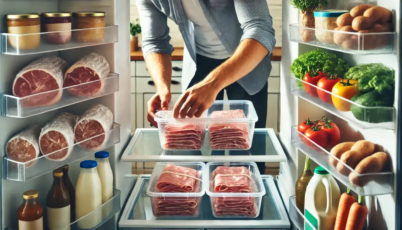 W lodówce piętrzą się mięsa, warzywa i przetwory. Zastanawiasz się, ile może leżeć kiełbasa w lodówce? Tutaj widzimy porcje mięsa w pojemnikach.
