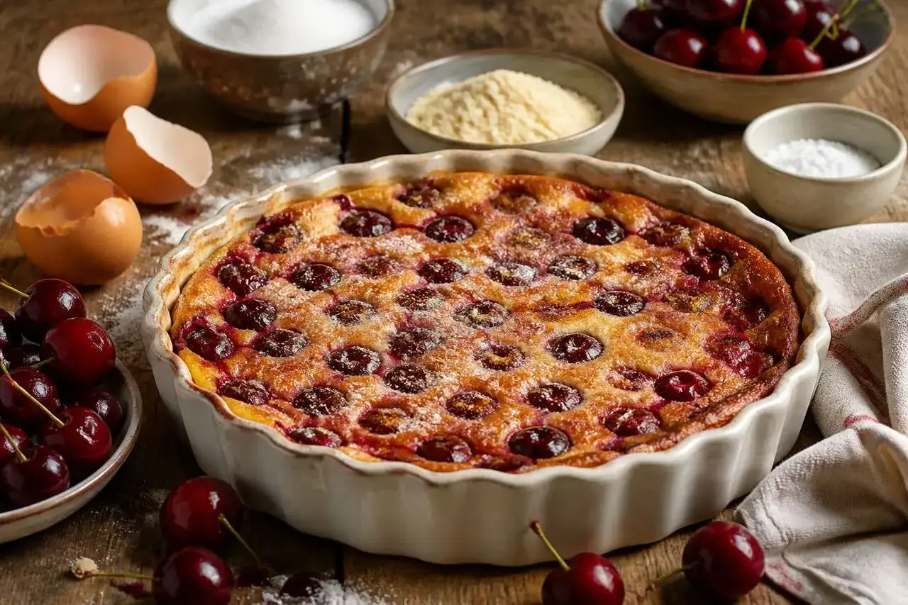 Un d&eacute;licieux clafoutis aux cerises, dor&eacute; et parsem&eacute; de sucre glace, pr&ecirc;t &agrave; &ecirc;tre d&eacute;gust&eacute;. Des cerises fra&icirc;ches et des ingr&eacute;dients pour sa pr&eacute;paration sont dispos&eacute;s autour.