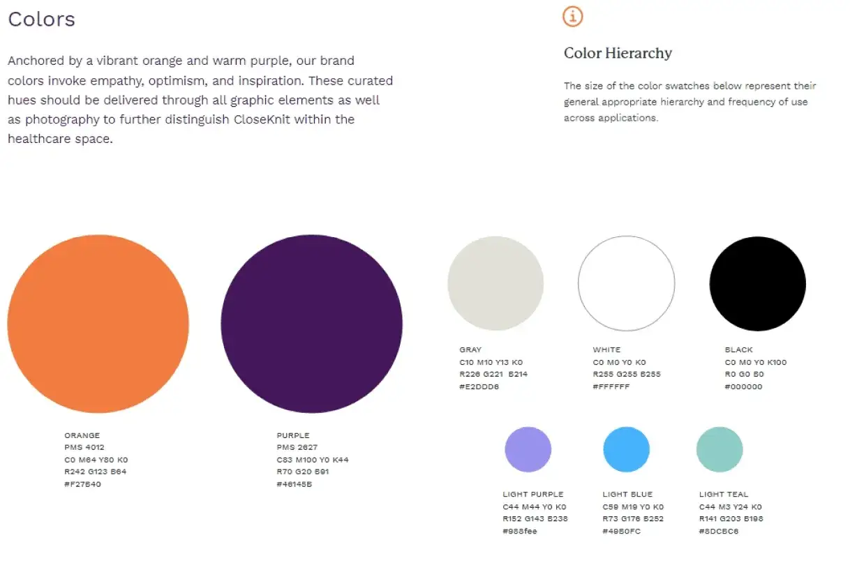 A vibrant color palette for app design, featuring orange, purple, gray, white, black, light purple, light blue, and light teal swatches with their respective codes.