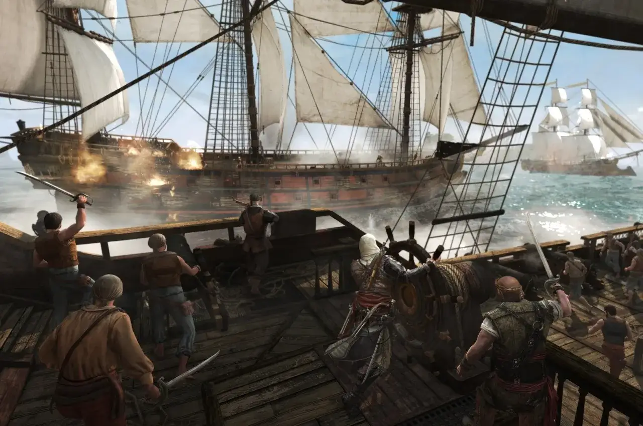 Bitwa morska w stylu black flag remake. Piraci walczą na pokładach statków, jeden z nich celuje z broni, inny dzierży szablę.