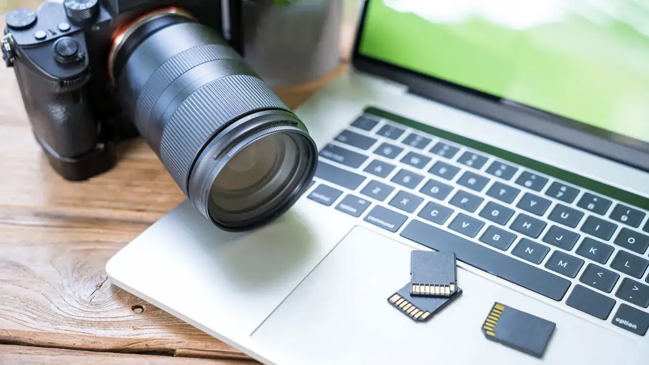 Aparat fotograficzny, karty pamięci i laptop – wszystko gotowe, by zgrać zdjęcia z aparatu na laptop.