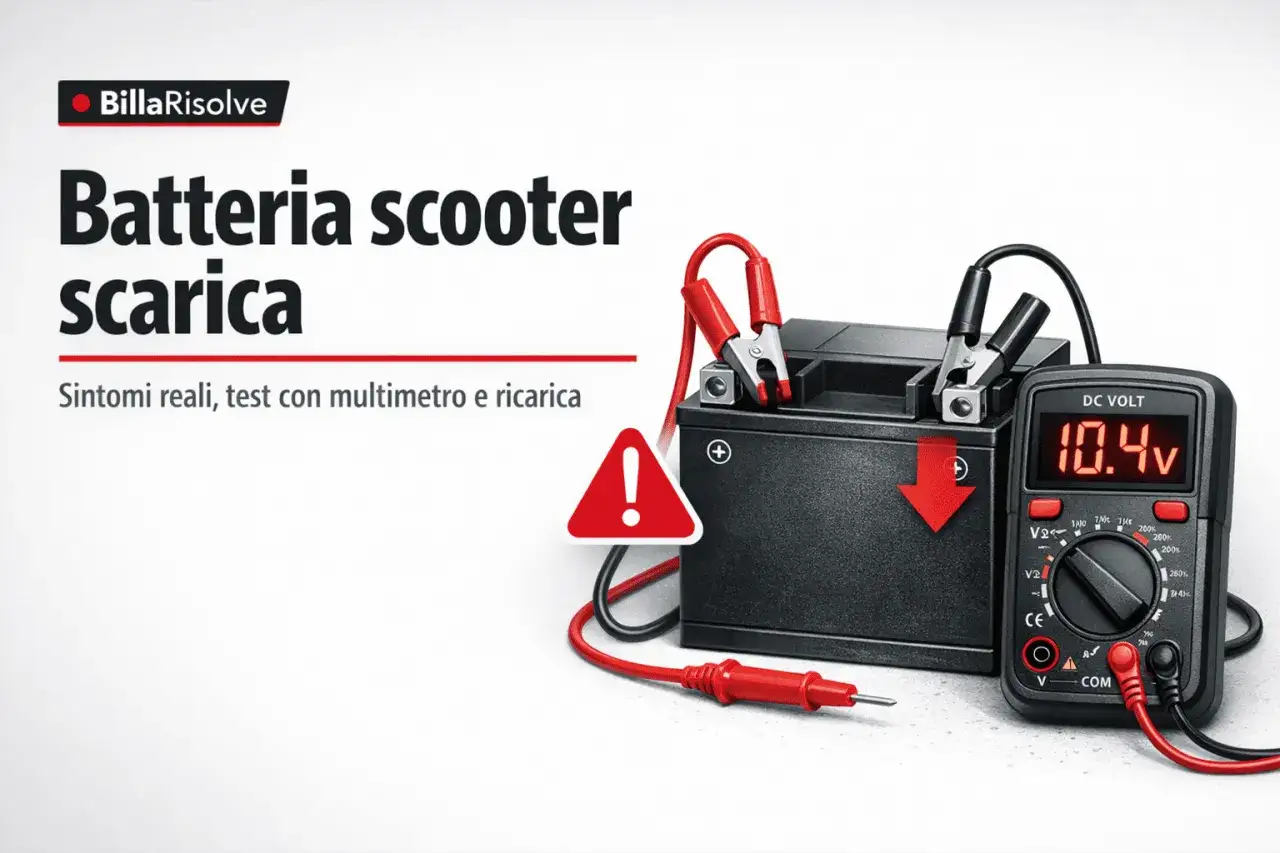 Batteria scooter scarica: multimetro indica 10.4V, segnale di allarme per la ricarica.