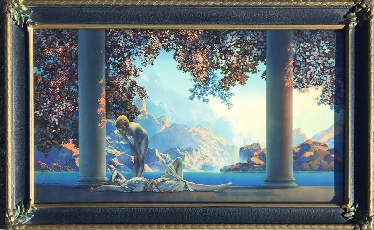 A painting of two figures in a classical setting, bathed in the soft light of daybreak. Mountains and water form a serene backdrop.