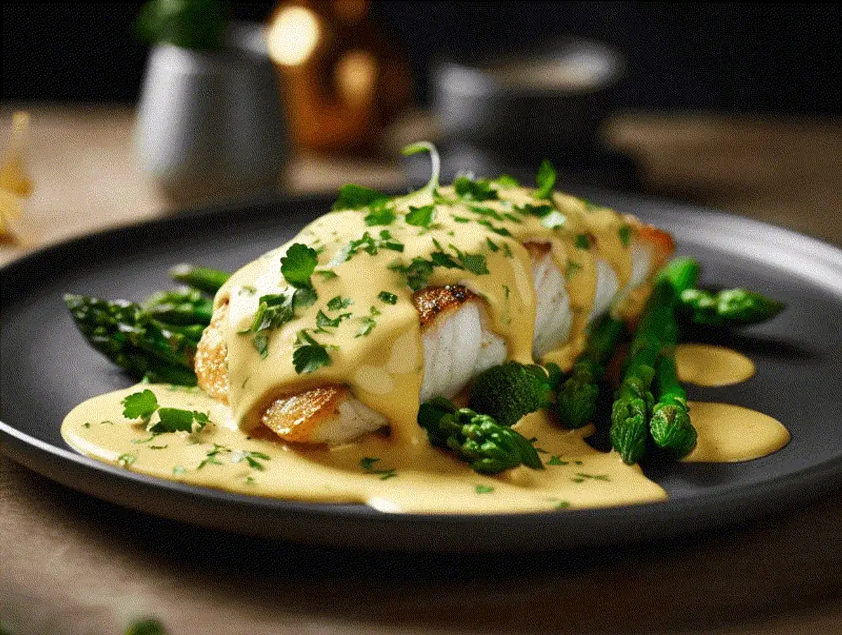 Fisk med sparris och krämig hollandaisesås. Ett perfekt hollandaisesås recept för en lyxig middag.