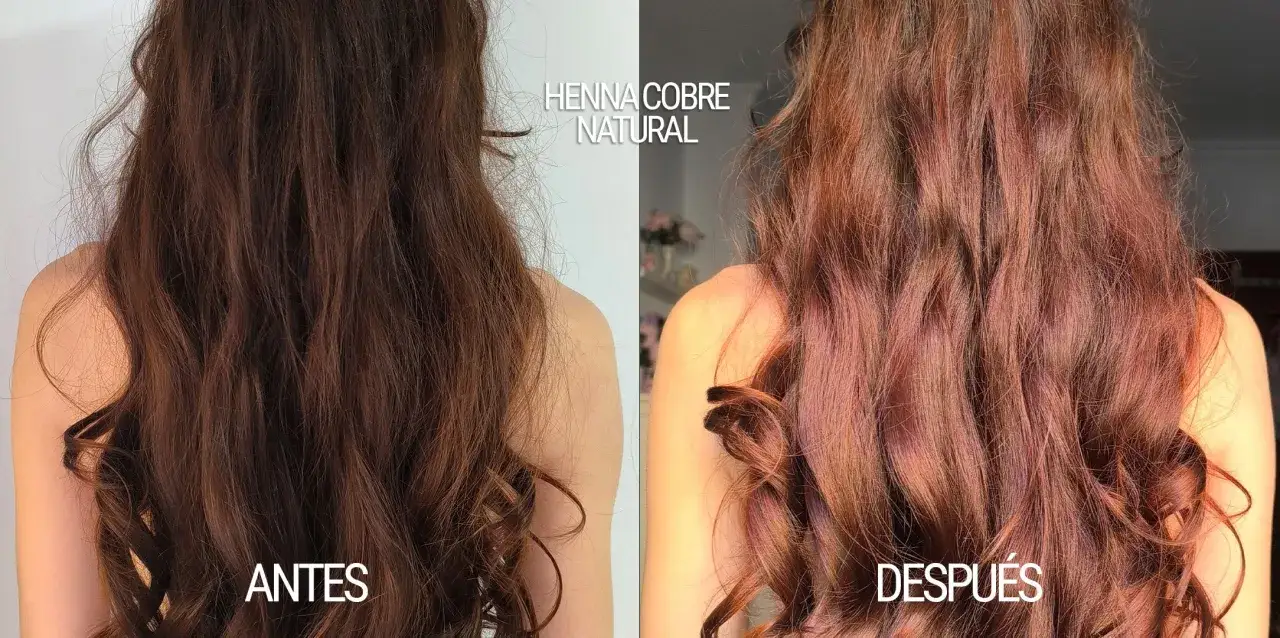 Cabello castaño oscuro antes y después de aplicar henna cobriza natural, mostrando un tono rojizo vibrante y saludable.