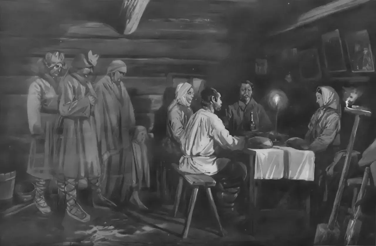 Ludzie w tradycyjnych strojach gromadzą się w izbie, przygotowując obrzęd dziadów. W powietrzu unosi się atmosfera zadumy i szacunku dla przodków.