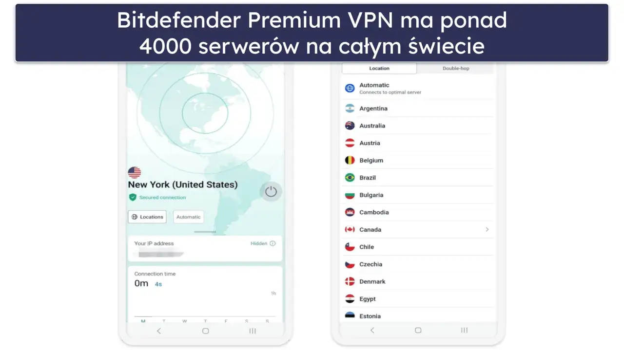 Aplikacja Bitdefender VPN pokazuje listę serwerów z całego świata, w tym Nowy Jork.