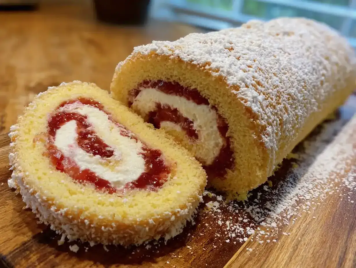 En saftig rulltårta med sylt och grädde, pudrad med florsocker. Perfekt för fika, och ja, kan man frysa rulltårta för senare njutning.