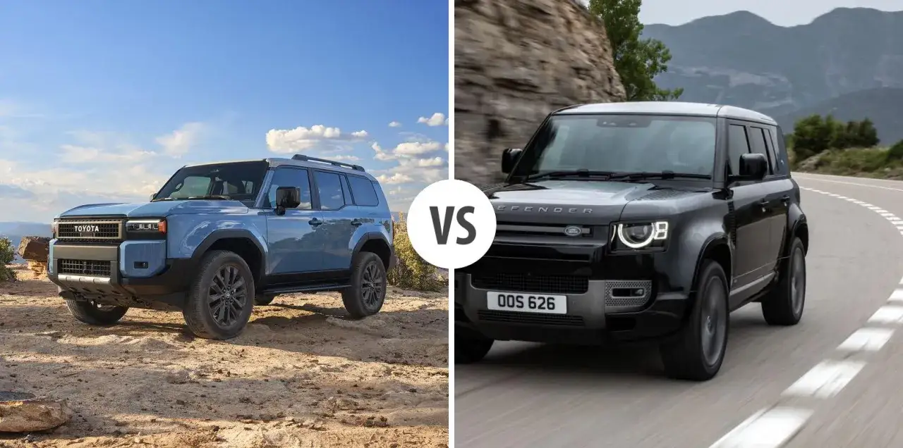 Niebieski Toyota vs czarny Land Rover Defender na drodze. Który terenowy gigant wygra?