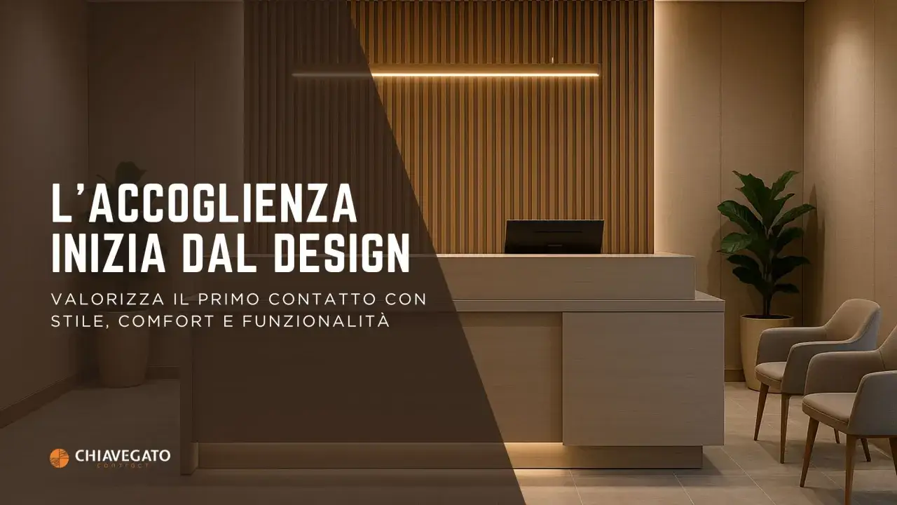 L'albergo significato: un'accogliente reception con design moderno, piante e sedie eleganti. Valorizza il primo contatto con stile, comfort e funzionalit&agrave;.