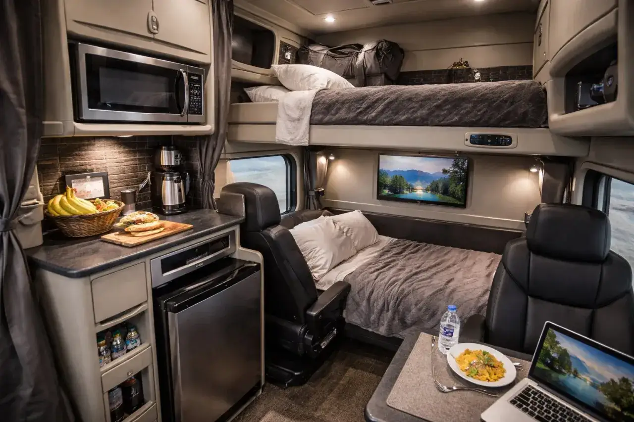 Int&eacute;rieur d'une couchette camion am&eacute;ricain : lits superpos&eacute;s, micro-ondes, frigo, et coin repas. Confortable pour les longs trajets.