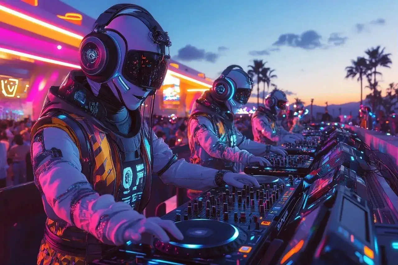Trois DJs futuristes, casques sur les oreilles, mixent sur des platines lumineuses lors d'une soirée en plein air. Le dj du moment enflamme la foule.