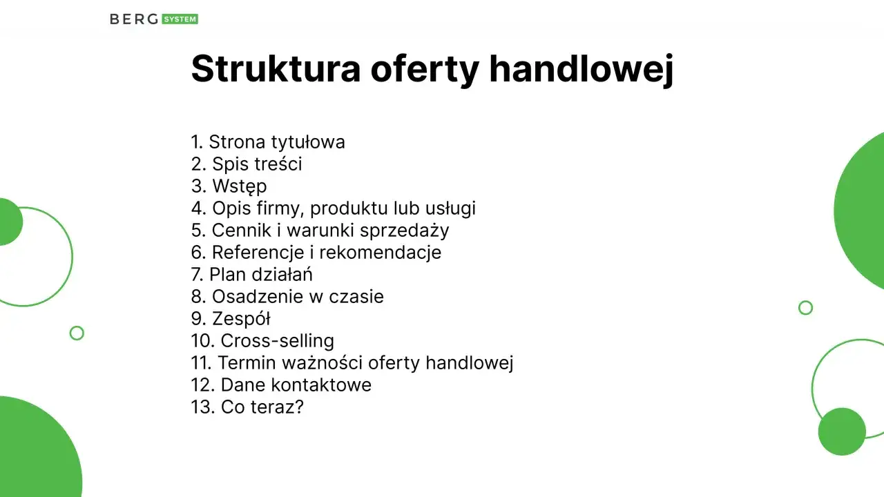 Struktura oferty handlowej: spis treści od strony tytułowej po dane kontaktowe i kolejne kroki.