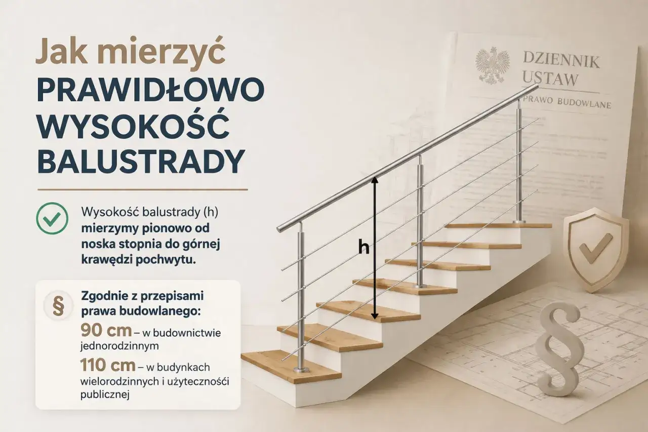 Nowoczesna barierka na schody metalowa, z zaznaczoną wysokością 