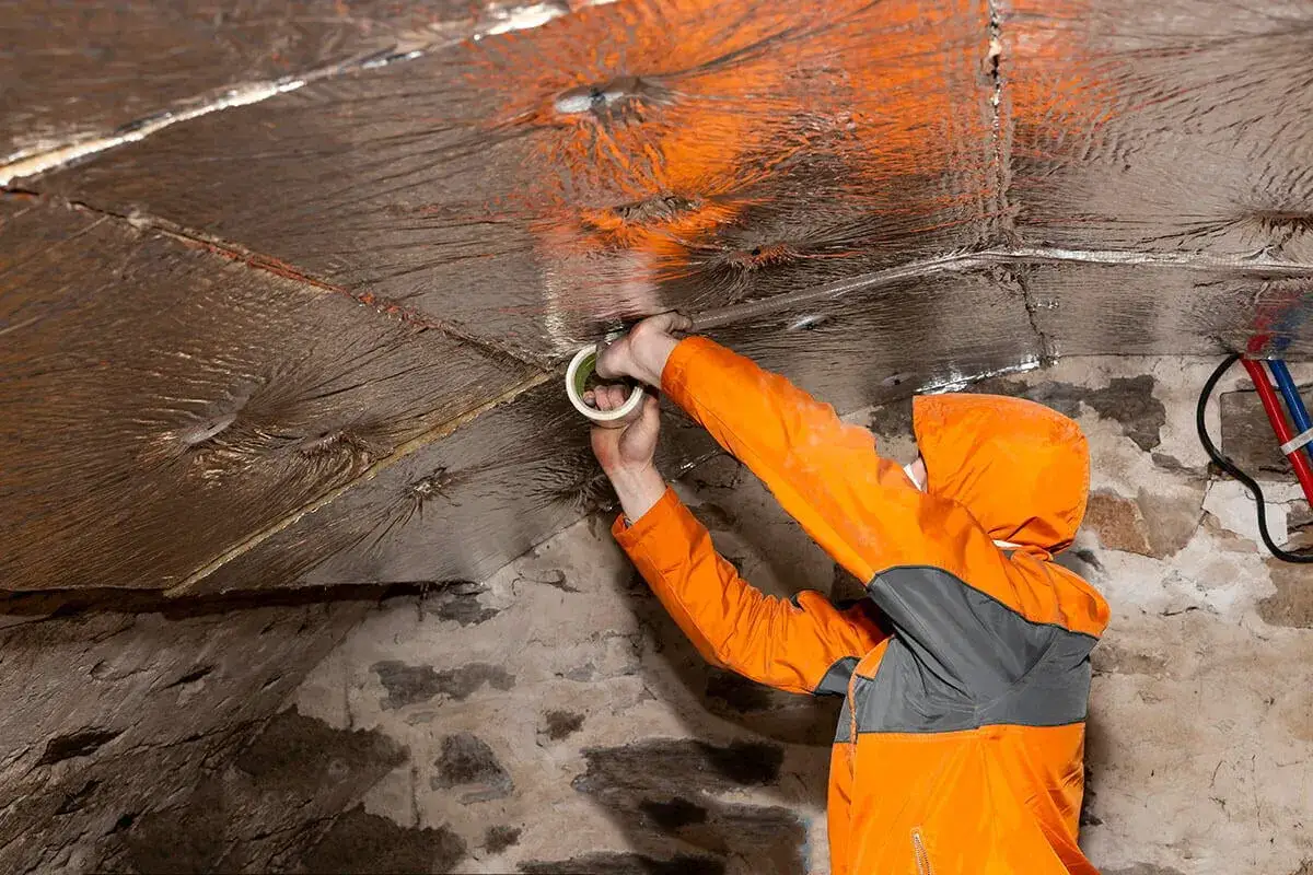 Un homme en orange pose une isolation réfléchissante au plafond d'une pièce en pierre, transformant l'espace en une **isolation cave** confortable.