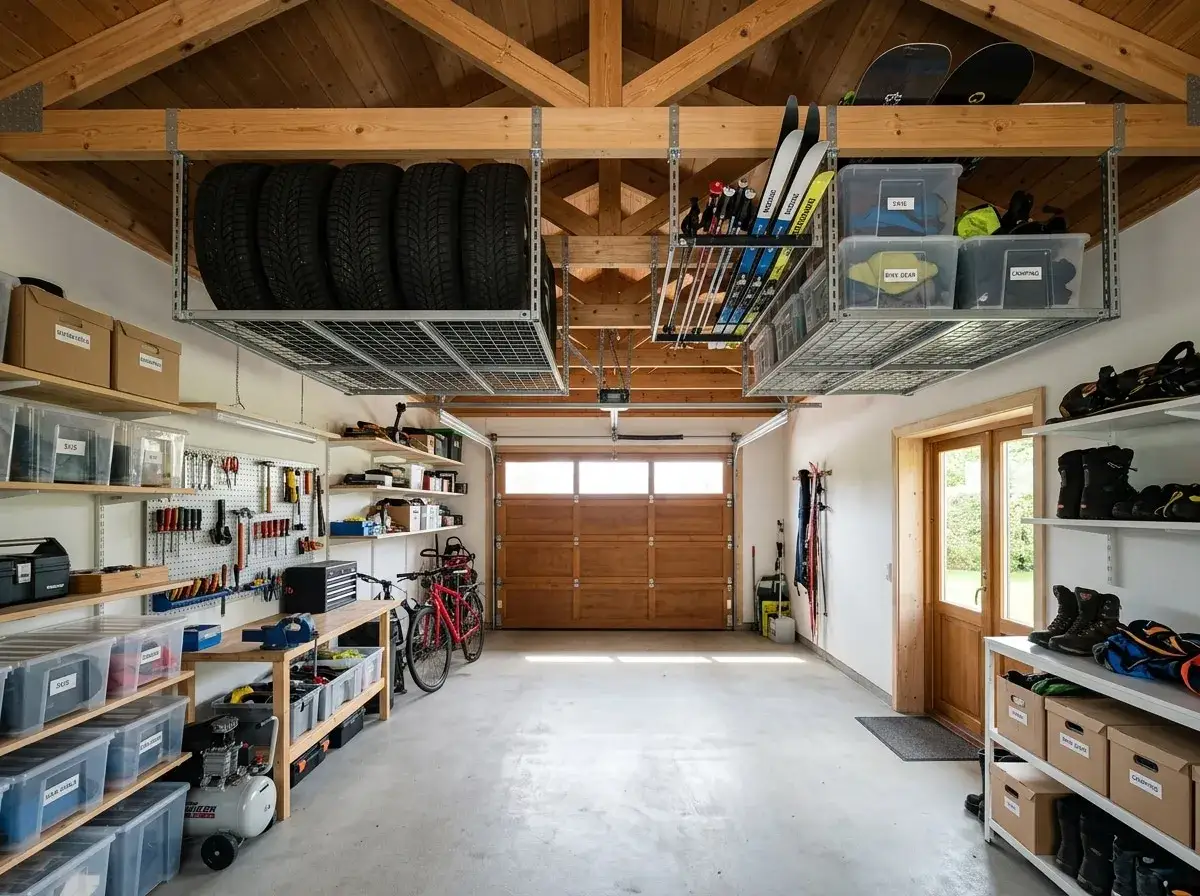 Garageinspiration med smart förvaring i taket för däck och skidor. Verktyg, cyklar och lådor organiserade på hyllor.