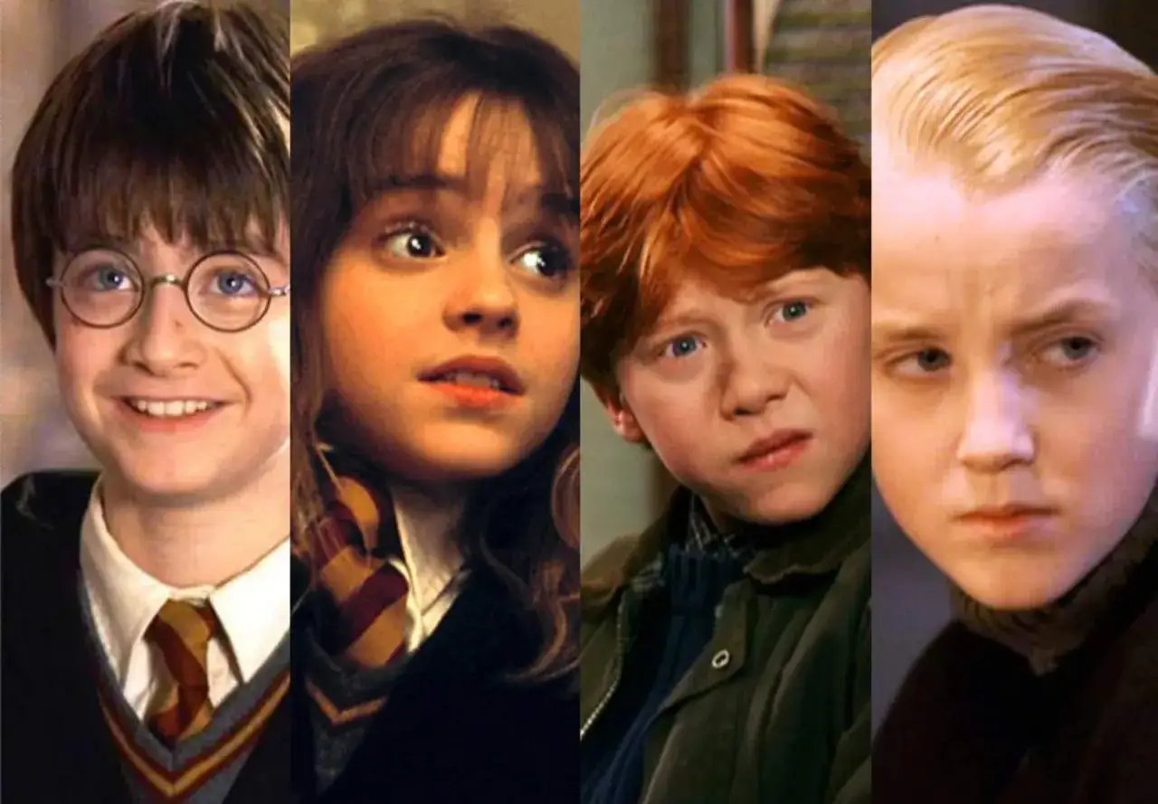 Harry, Hermione, Ron y Draco j&oacute;venes. La saga de Harry Potter es apta para todas las edades, pero la harry potter edad recomendada var&iacute;a seg&uacute;n la pel&iacute;cula.
