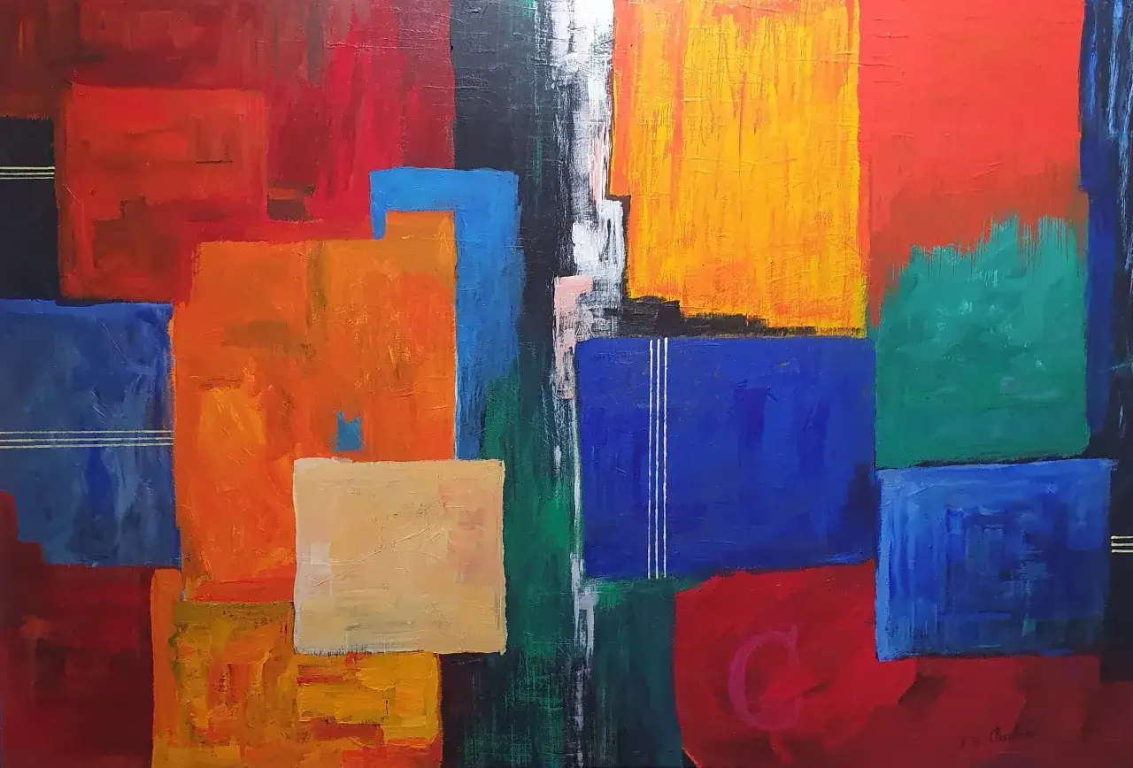Peinture acrylique composition abstraite aux formes géométriques vives : rouge, orange, bleu, jaune, vert. Des lignes blanches et une lettre