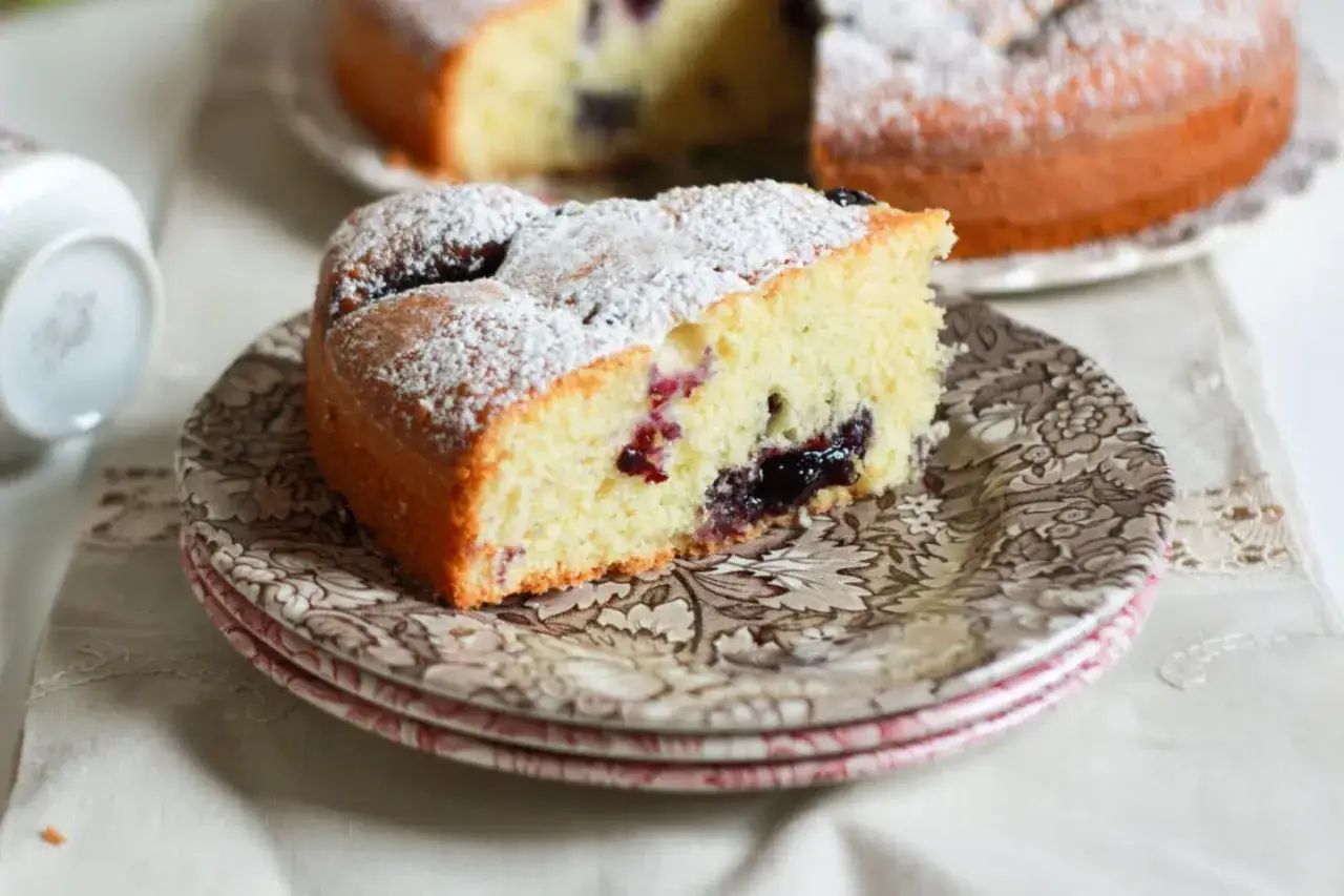 Una fetta di torta nua con marmellata di frutti di bosco, spolverata di zucchero a velo, su un piatto decorato.