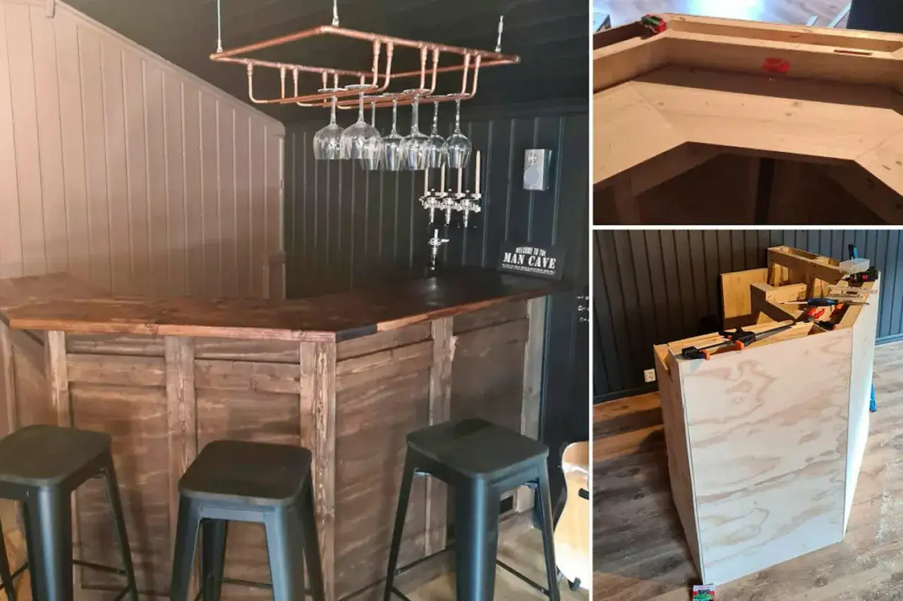 Här visas steg i att bygga en bardisk. En färdig, rustik bardisk med glasställning och kranar, samt en pågående konstruktion i plywood.
