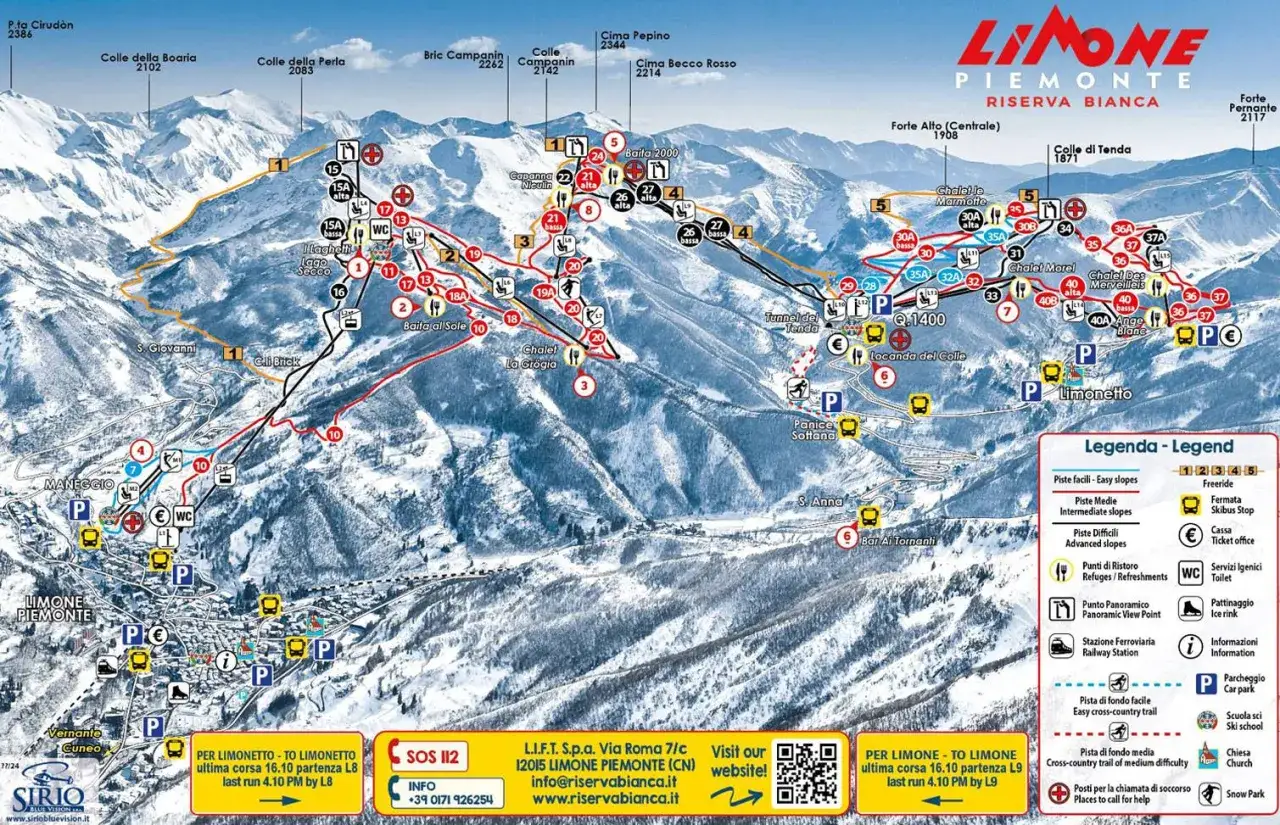 Mappa delle localit&agrave; sciistiche Piemonte, con piste, rifugi e impianti a Limone Riserva Bianca.