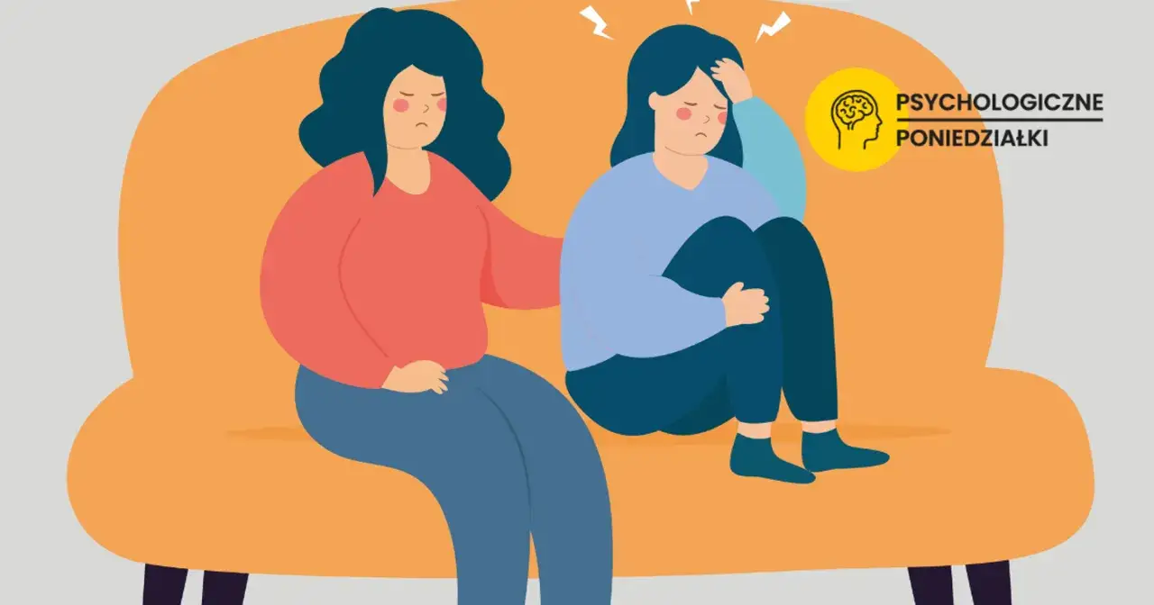 Dwie kobiety siedzą na kanapie. Jedna obejmuje drugą, kt&oacute;ra wygląda na przygnębioną. Ilustracja sugeruje, jak rozmawiać z kleptomanem, oferując wsparcie.
