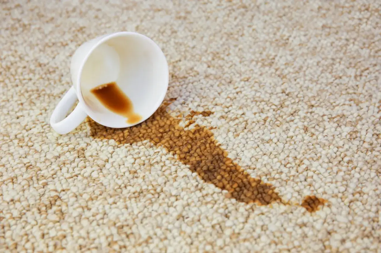 Ein umgekippter Becher hinterlässt einen braunen Kaffeefleck auf dem hellen Teppich des Sofas.