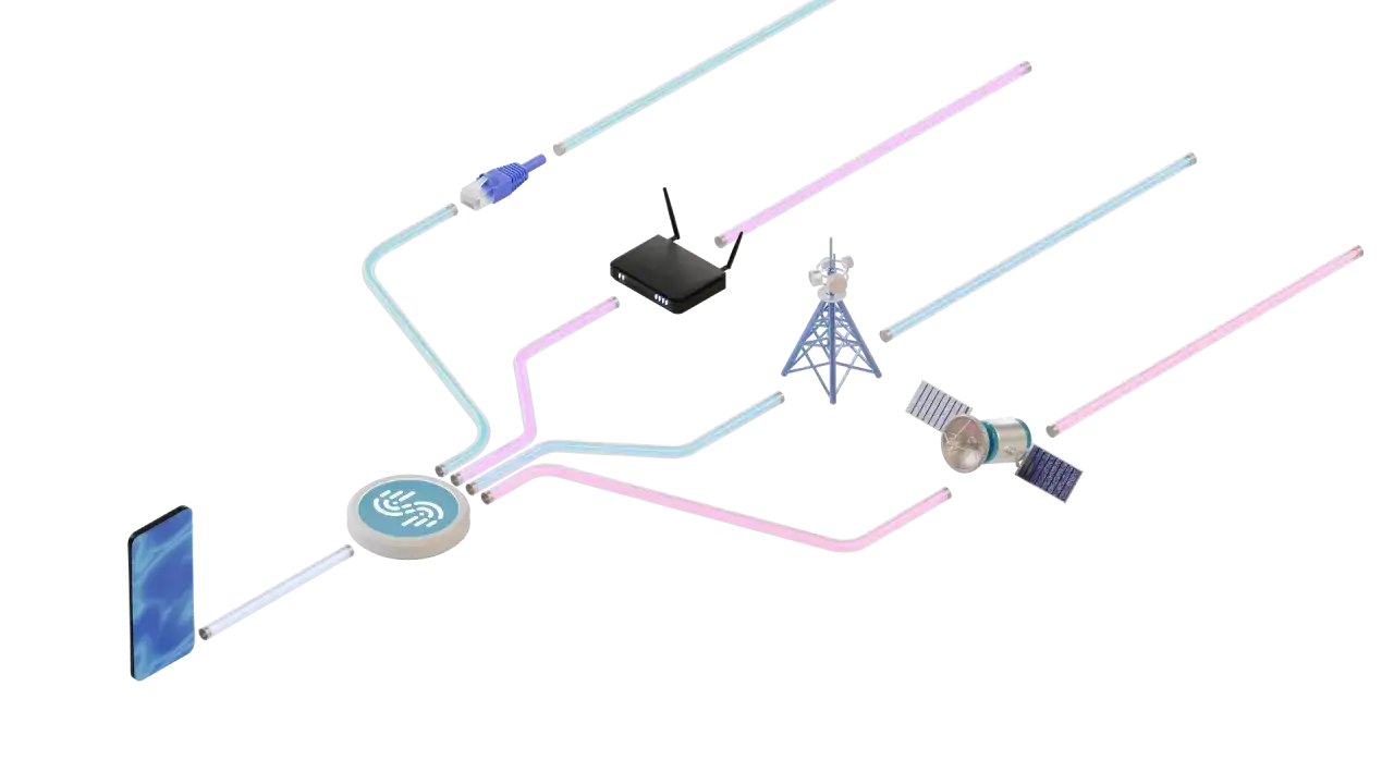 Schemat połączeń internetowych: smartfon, router, wieża telekomunikacyjna i satelita Starlink. Różne ścieżki danych symbolizują potencjalną prędkość.
