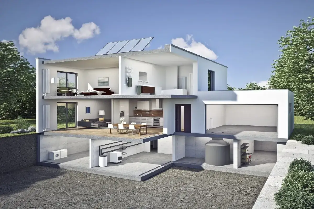 Coupe d'une maison moderne, montrant le système de VMC double flux pour une rénovation efficace, avec garage et sous-sol aménagés.