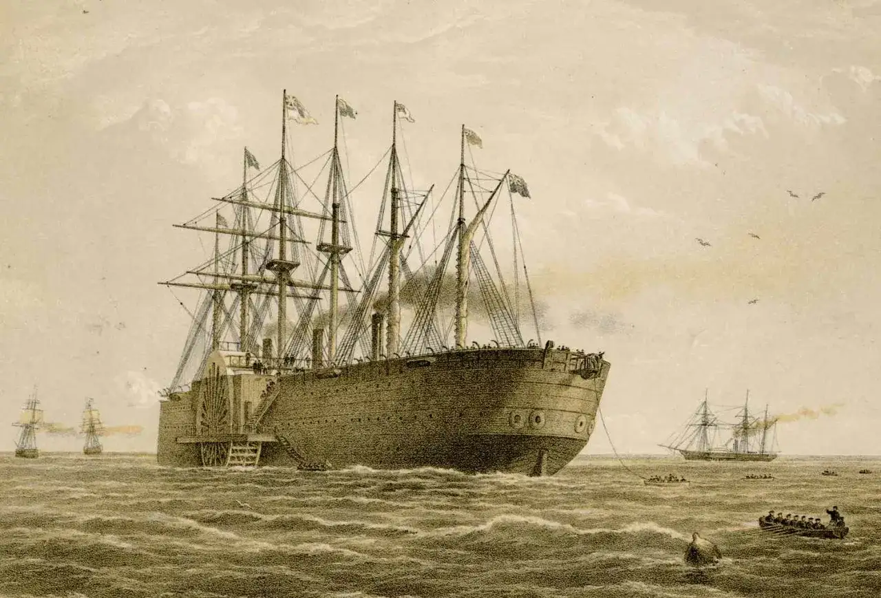 Vaisseau à aubes et voiles, symbole du premier câble transatlantique, naviguant en mer avec d'autres navires.