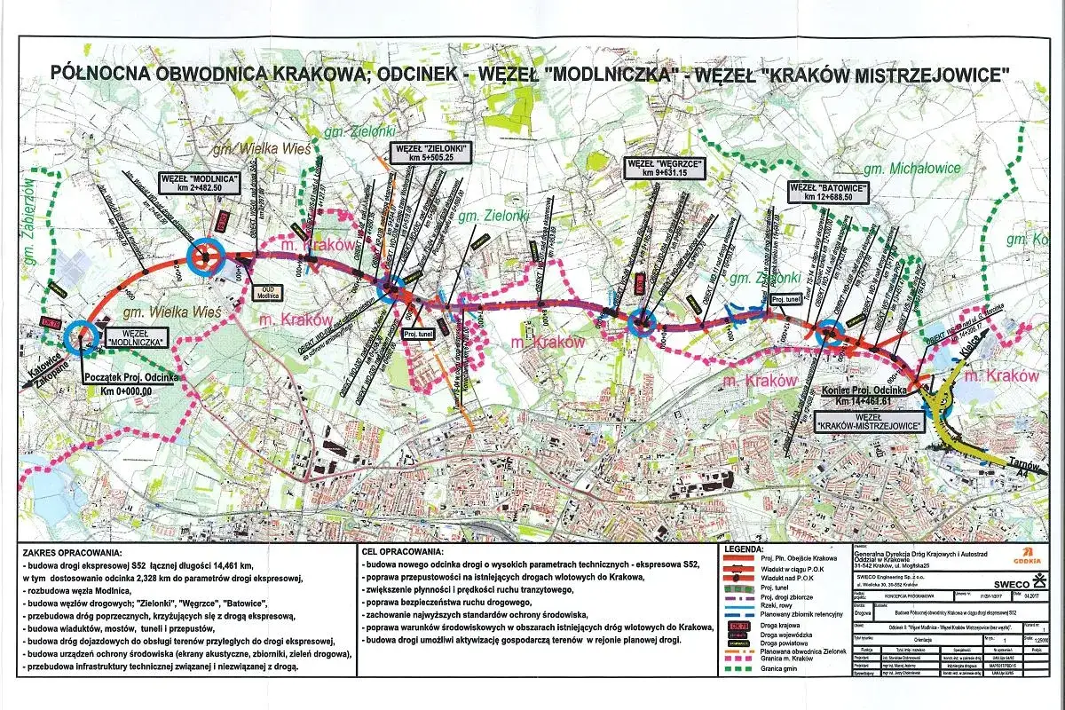 Mapa przedstawia przebieg północnej obwodnicy Krakowa, od węzła Modlniczka do węzła Kraków-Mistrzejowice, z zaznaczonymi węzłami i tunelami.