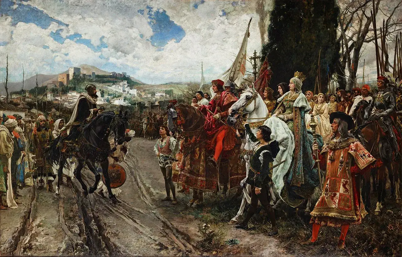Juan de Granada, a noble, leads a procession towards a distant city.