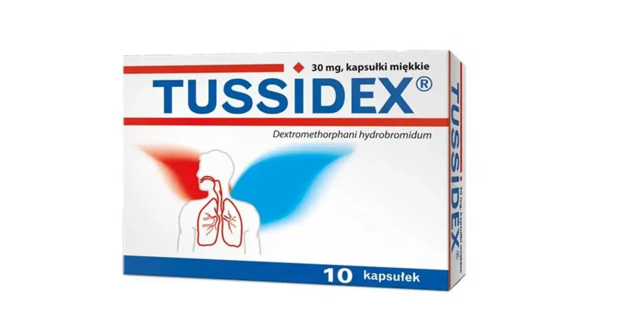 Opakowanie leku Tussidex z dekstrometorfanem, zawierające 10 kapsułek na kaszel.