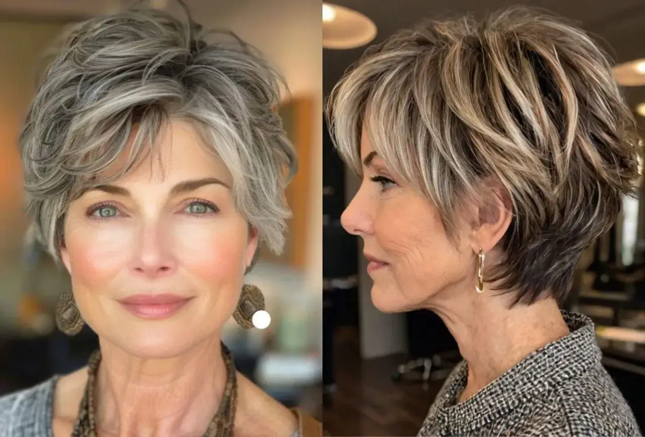 Dos estilos modernos de peinados para mujeres mayores de 50 a&ntilde;os: un corte pixie desgre&ntilde;ado plateado y un bob texturizado con mechas.