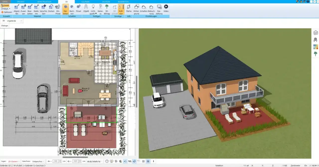 Grundriss eines Hauses mit integrierter Doppelgarage und Außenbereich.