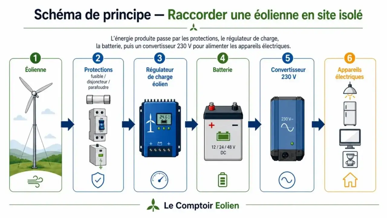 Schéma électrique d'une éolienne domestique : éolienne, protections, régulateur, batterie, convertisseur 230V, appareils.