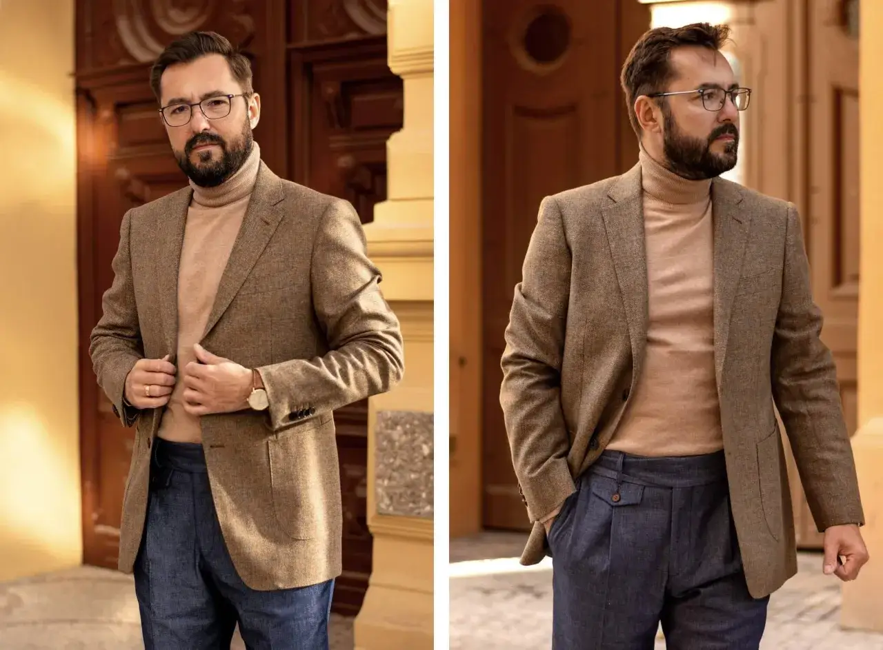Elegancki mężczyzna w tweedowej marynarce i golfie prezentuje stylowe golf męski stylizacje.