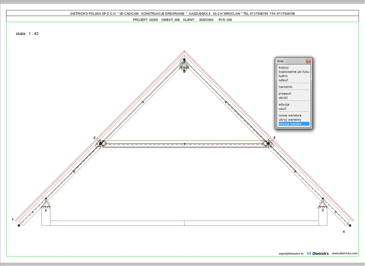Projekt dachu jętkowego w programie CAD. Widoczne elementy konstrukcyjne i menu edycji warstw.