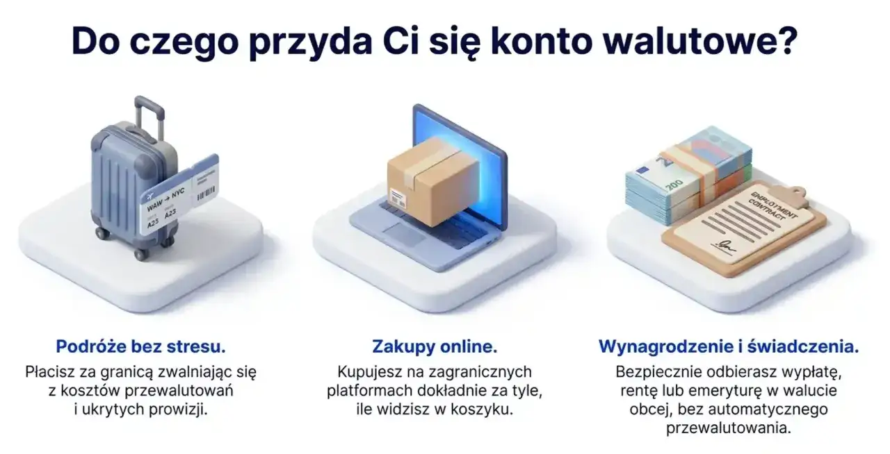 Konto walutowe ułatwia podróże, zakupy online i odbiór wynagrodzenia w obcej walucie bez ukrytych kosztów.