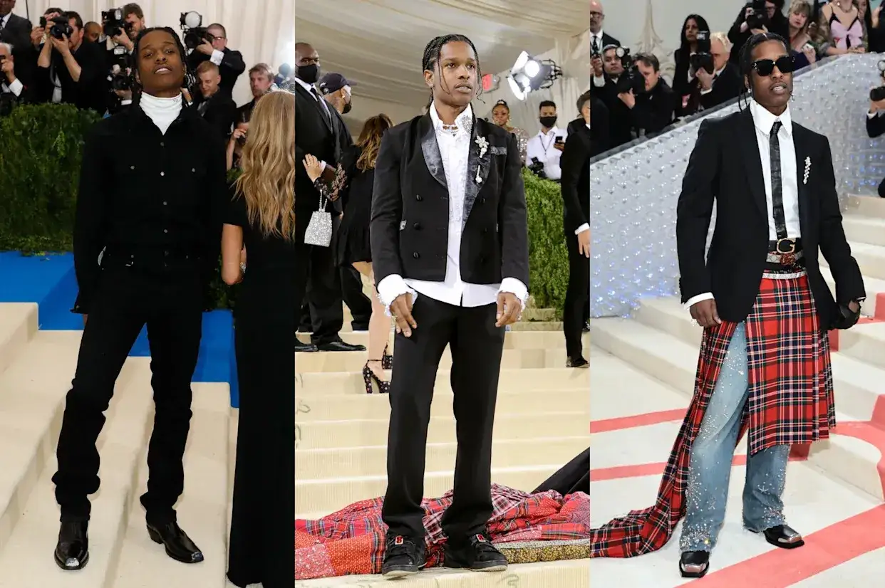 ASAP Rocky Met Gala looks showcase bold fashion choices, from all-black ensembles to a striking kilt over embellished jeans.